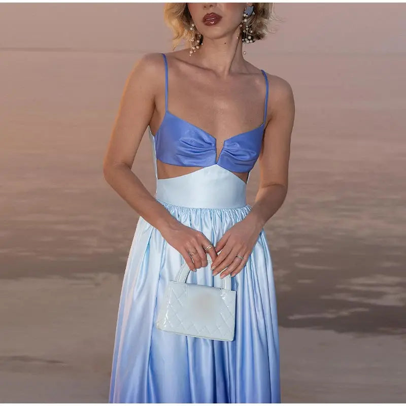 Gradient Hollow Out Pleated Sleeveless Sling Maxi Dress Mssaz Desses