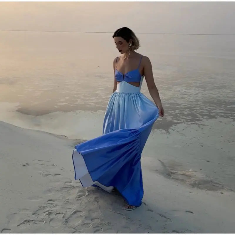 Gradient Hollow Out Pleated Sleeveless Sling Maxi Dress Mssaz Desses
