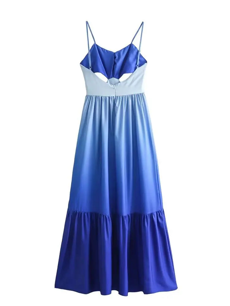 Gradient Hollow Out Pleated Sleeveless Sling Maxi Dress Mssaz Desses