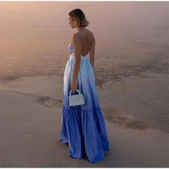 Gradient Hollow Out Pleated Sleeveless Sling Maxi Dress Mssaz Desses