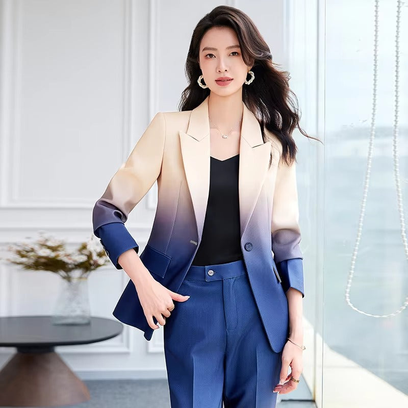 Gradient Color Printed Single Button Blazer Flare Pants Designer Suit Set Mssza