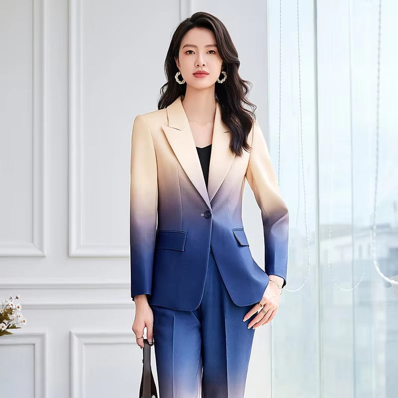 Gradient Color Printed Single Button Blazer Flare Pants Designer Suit Set Mssza