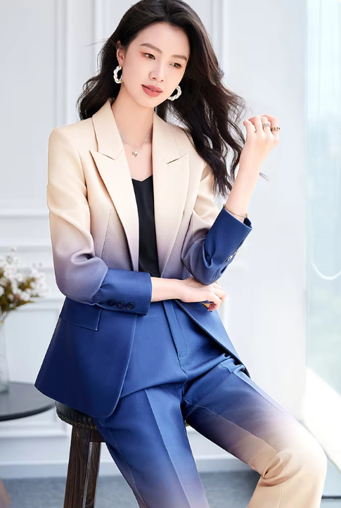 Gradient Color Printed Single Button Blazer Flare Pants Designer Suit Set Mssza