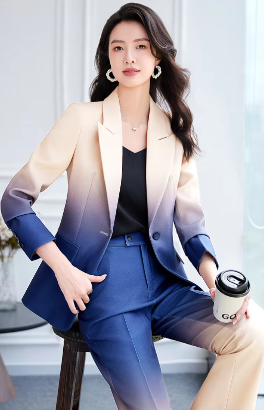 Gradient Color Printed Single Button Blazer Flare Pants Designer Suit Set Mssza
