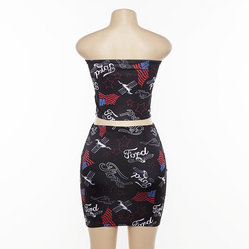 Graffiti Print Strapless Crop Top and Mini Skirt Mssza