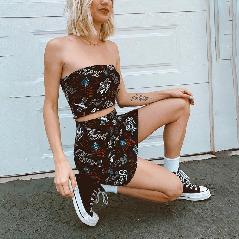 Graffiti Print Strapless Crop Top and Mini Skirt Mssza