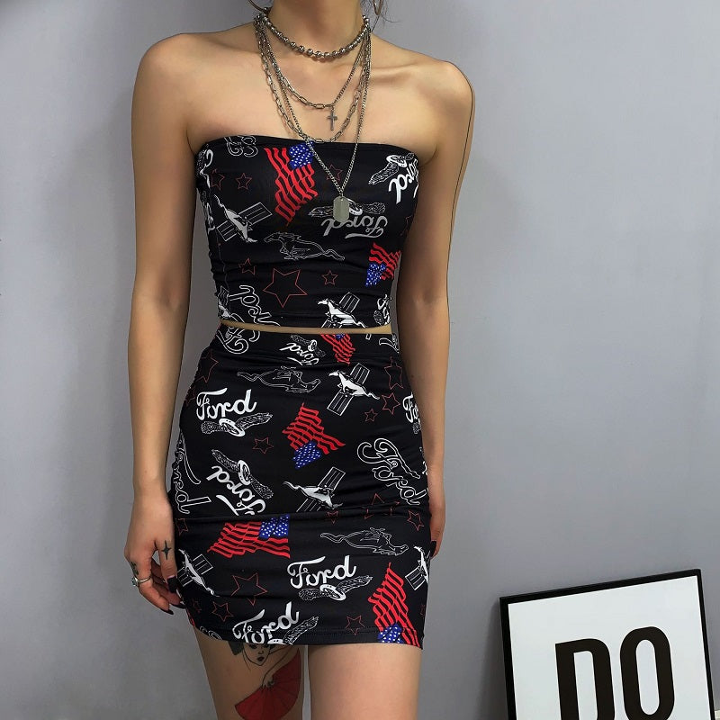Graffiti Print Strapless Crop Top and Mini Skirt Mssza