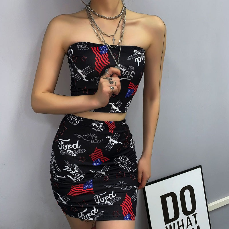 Graffiti Print Strapless Crop Top and Mini Skirt Mssza