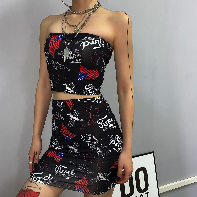 Graffiti Print Strapless Crop Top and Mini Skirt Mssza