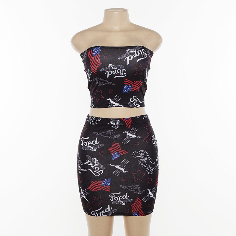Graffiti Print Strapless Crop Top and Mini Skirt Mssza