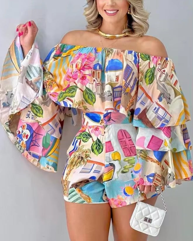Graphic Print Off Shoulder Bell Sleeve Crop Top Casual Vacation Shorts Two Piece Sets Mssza