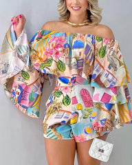 Graphic Print Off Shoulder Bell Sleeve Crop Top Casual Vacation Shorts Two Piece Sets Mssza