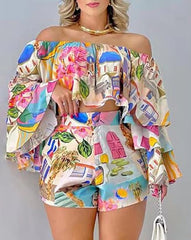 Graphic Print Off Shoulder Bell Sleeve Crop Top Casual Vacation Shorts Two Piece Sets Mssza