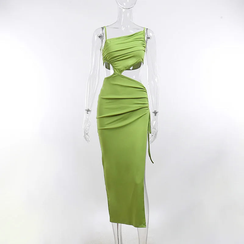 Casual Hollow Green Sleeveless Backless Midi  Beach Cut Out Dress Mssaz Desses