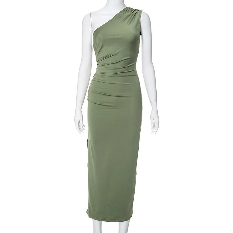 One Shoulder  Elegant  Sleeveless Ruched Charming Stylish Maxi Dress Mssaz Desses