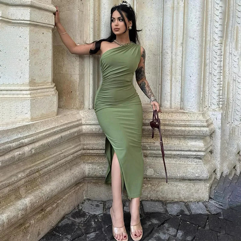 One Shoulder  Elegant  Sleeveless Ruched Charming Stylish Maxi Dress Mssaz Desses