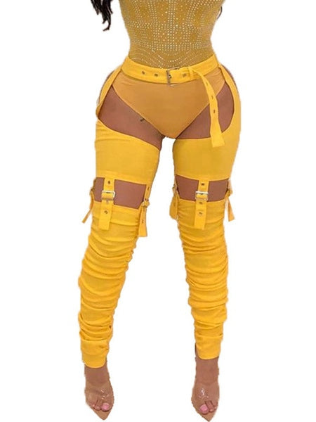 Grommets Cotton Blend Cut Out Mental Buckle Detailed Bottoms Mssza