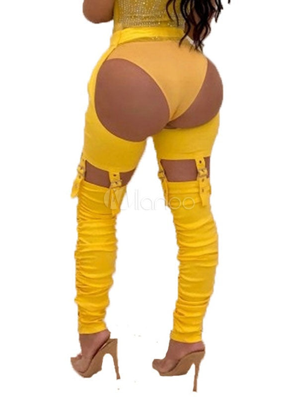 Grommets Cotton Blend Cut Out Mental Buckle Detailed Bottoms Mssza