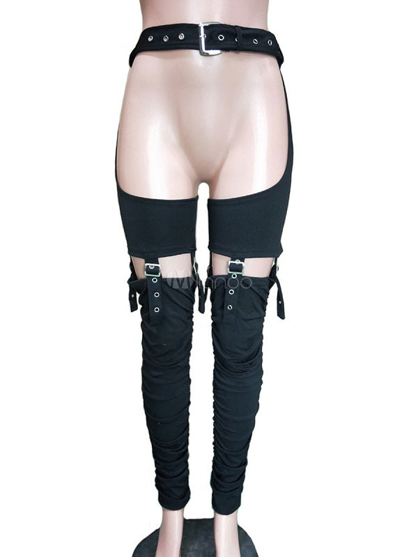 Grommets Cotton Blend Cut Out Mental Buckle Detailed Bottoms Mssza