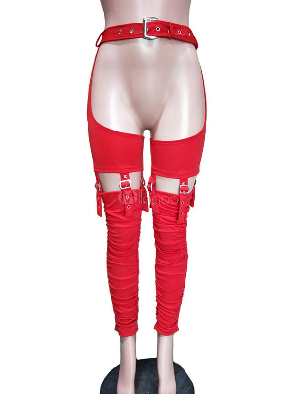 Grommets Cotton Blend Cut Out Mental Buckle Detailed Bottoms Mssza