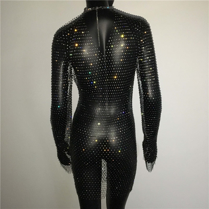 Bling Rhinestones Fishnet Mini Dress  Long Sleeve Crystal Dress Mssaz Desses