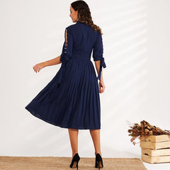 New Dress Waist Solid Color Round Leader Hollow Pearl Bow Decoration Ol Sweet All-match Dress Mssaz Desses