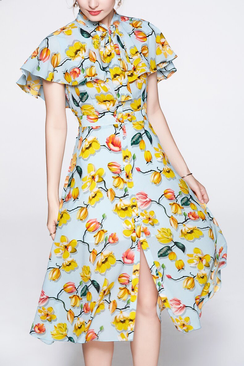 Lace Up Bow Collar Ruffles Printed Cape Sleeves Elegant Holiday Dress Mssaz Desses