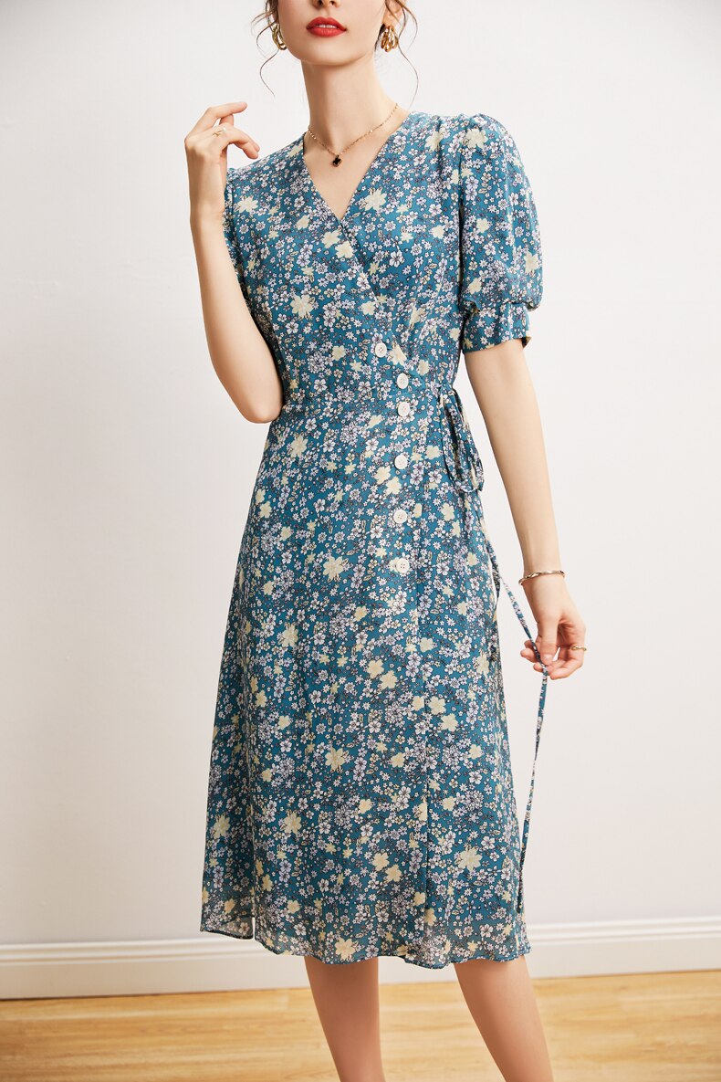 V Neck Short Sleeves Printed Buttons Lace Up Dress Mssaz Desses