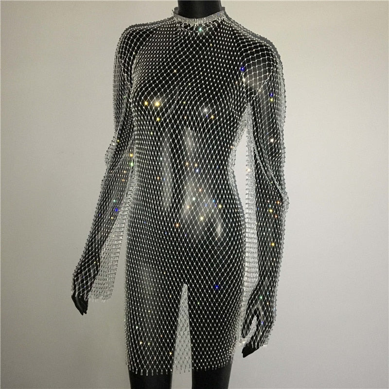 Bling Rhinestones Fishnet Mini Dress  Long Sleeve Crystal Dress Mssaz Desses