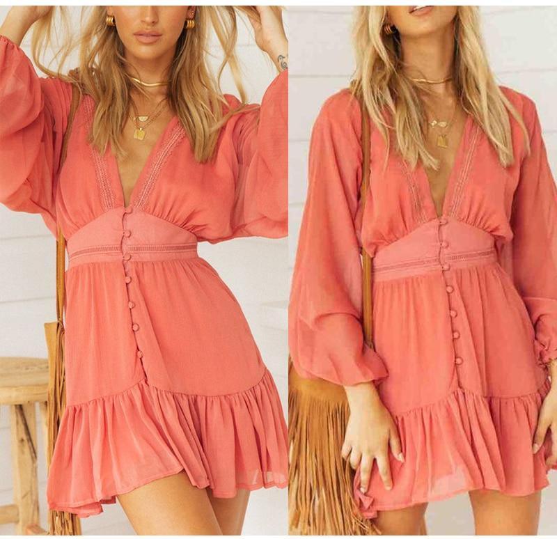 V Neck Spring  Dress Lace Long Sleeve Mini Party Dress Mssaz Desses