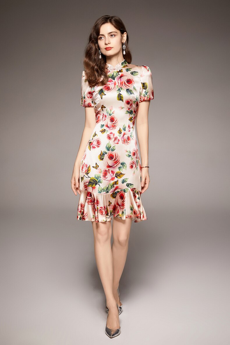 Vintage Stand Collar Short Sleeves Floral Printed Ruffles Elegant Dress Vestidos Mssaz Desses