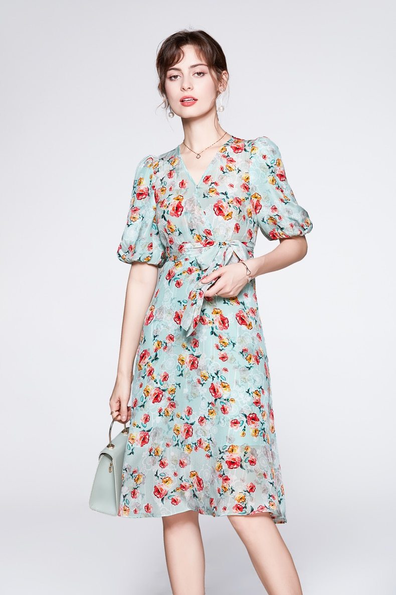 V Neck Short Sleeves Printed Sash Belt  Dress Mssaz Desses