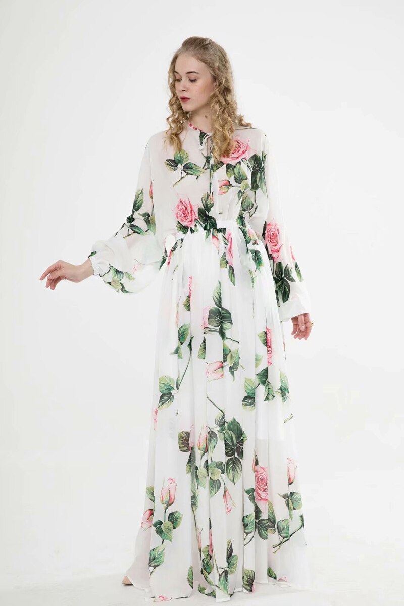 Long Sleeves Floral Printed Lace Up Elegant Maxi Design Casual Dress Mssaz Desses