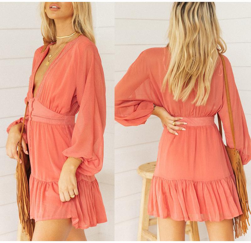V Neck Spring  Dress Lace Long Sleeve Mini Party Dress Mssaz Desses