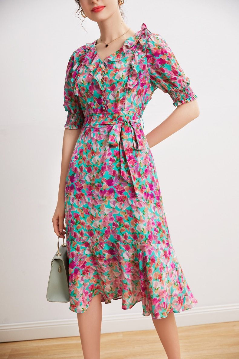 V Neck Short Sleeves Ruffles Sash Belt Printed  Dress Mssaz Desses
