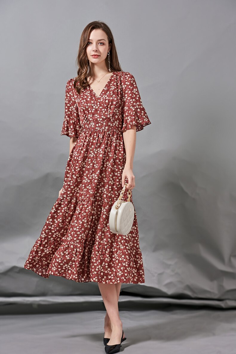 V Neck Short Sleeves Ruffles Printed Elegant  Dress Mssaz Desses