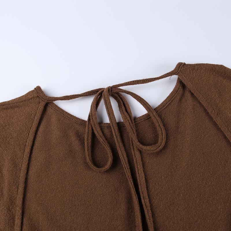 solid knitted open back flared long sleeve maxi dress Mssaz Desses