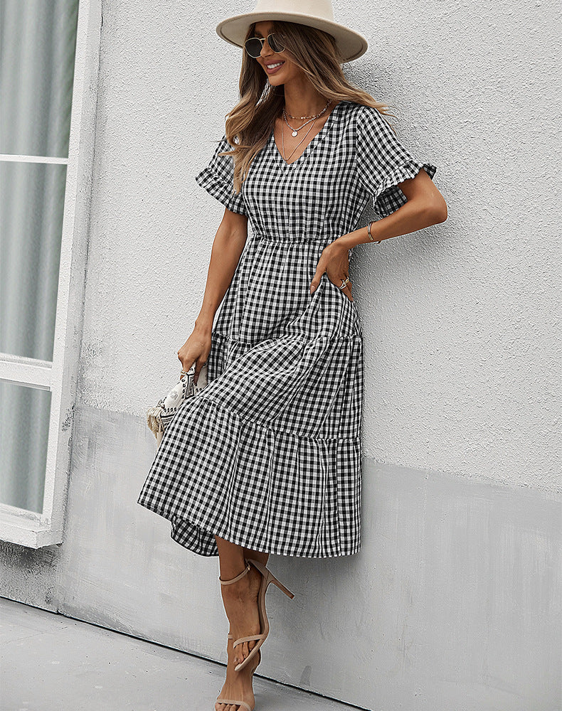 Vintage Plaid Slim Ruffles High Waist Midi Sundress Mssaz Desses
