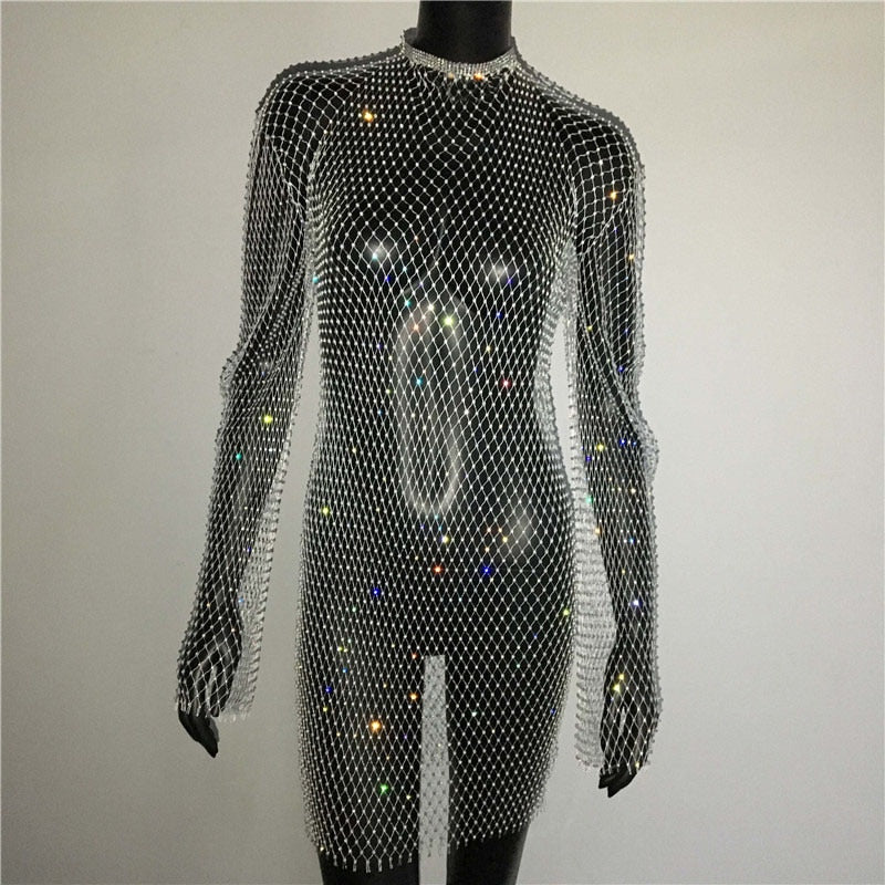 Bling Rhinestones Fishnet Mini Dress  Long Sleeve Crystal Dress Mssaz Desses