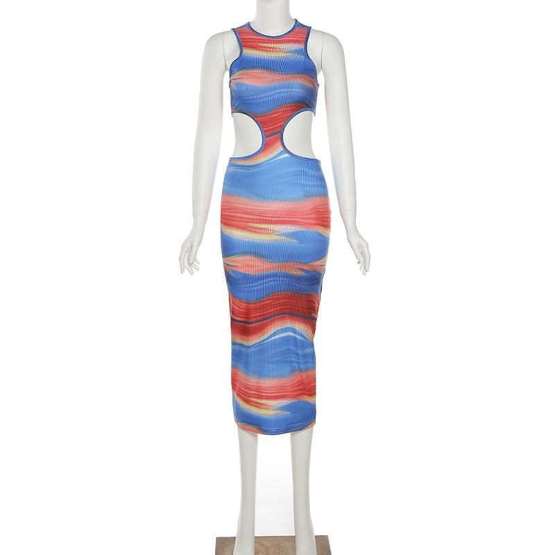 Colorful Print Vacation Long Dresses Cut Out Sleeveless Bodycon Dress Mssaz Desses