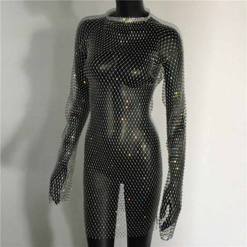 Bling Rhinestones Fishnet Mini Dress  Long Sleeve Crystal Dress Mssaz Desses
