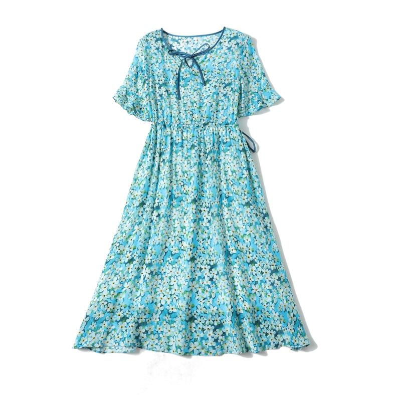O Neck Short Sleeves Lace Up Waist Floral Printed Elegant  Dress Mssaz Desses