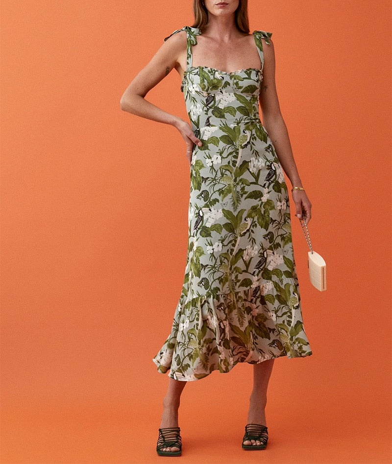 Elegant Ruffle Hem Beach  Dress Sweetheart Neck Tie Strap Midi Dress Mssaz Desses
