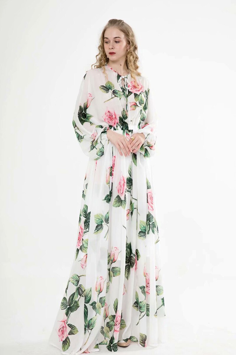Long Sleeves Floral Printed Lace Up Elegant Maxi Design Casual Dress Mssaz Desses