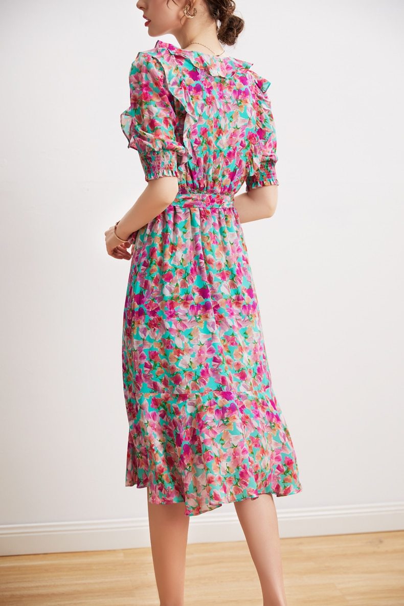 V Neck Short Sleeves Ruffles Sash Belt Printed  Dress Mssaz Desses