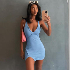Split Button Sleeveless V Neck Bodycon Mini Dress Mssaz Desses