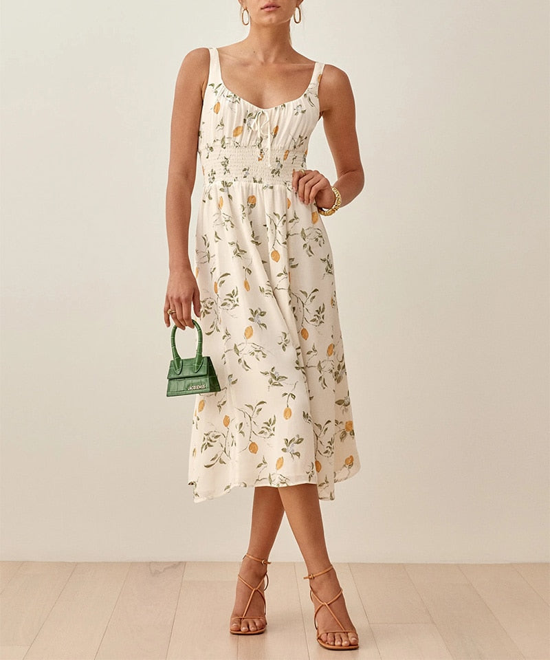 Sleeveless Tank Print Chiffon  Dress Waist Casual Midi Dress Mssaz Desses