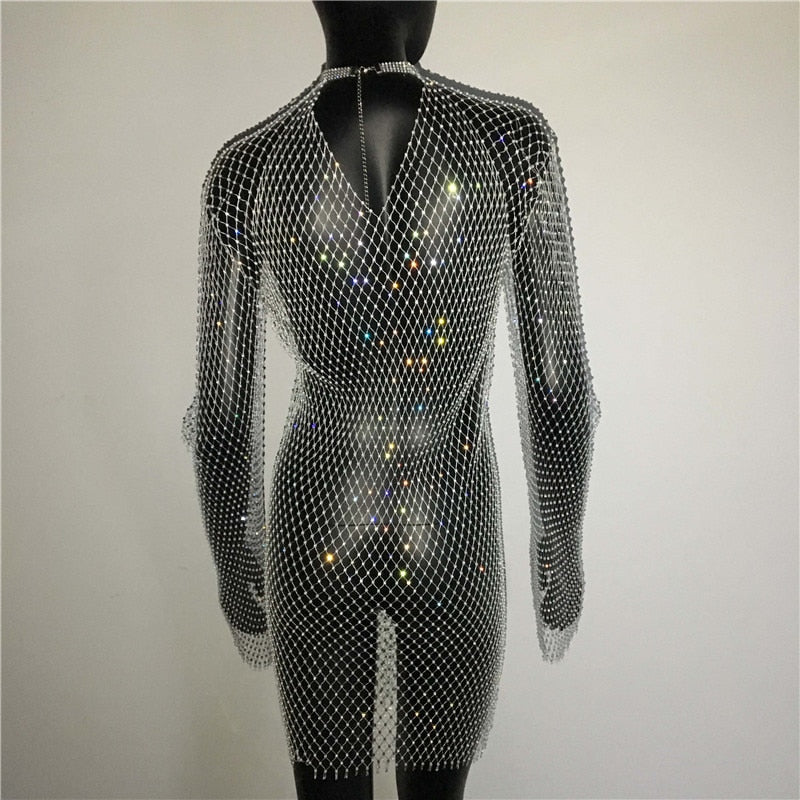 Bling Rhinestones Fishnet Mini Dress  Long Sleeve Crystal Dress Mssaz Desses