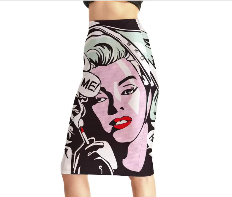 Novelty painting print design comics girl slim Middle skirt Mssza