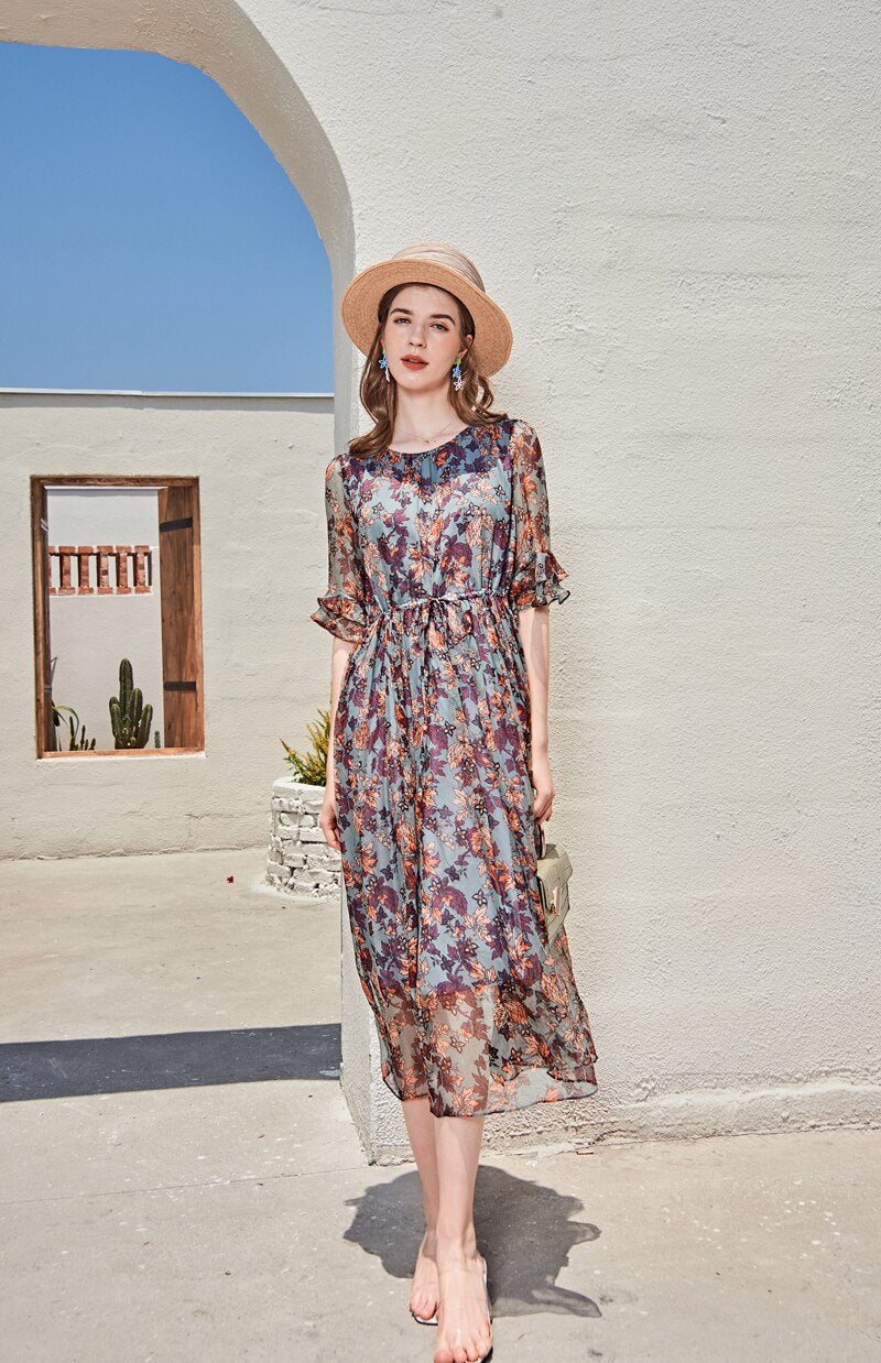 Lace Up Waist Casual Mid Calf Dresses Mssaz Desses